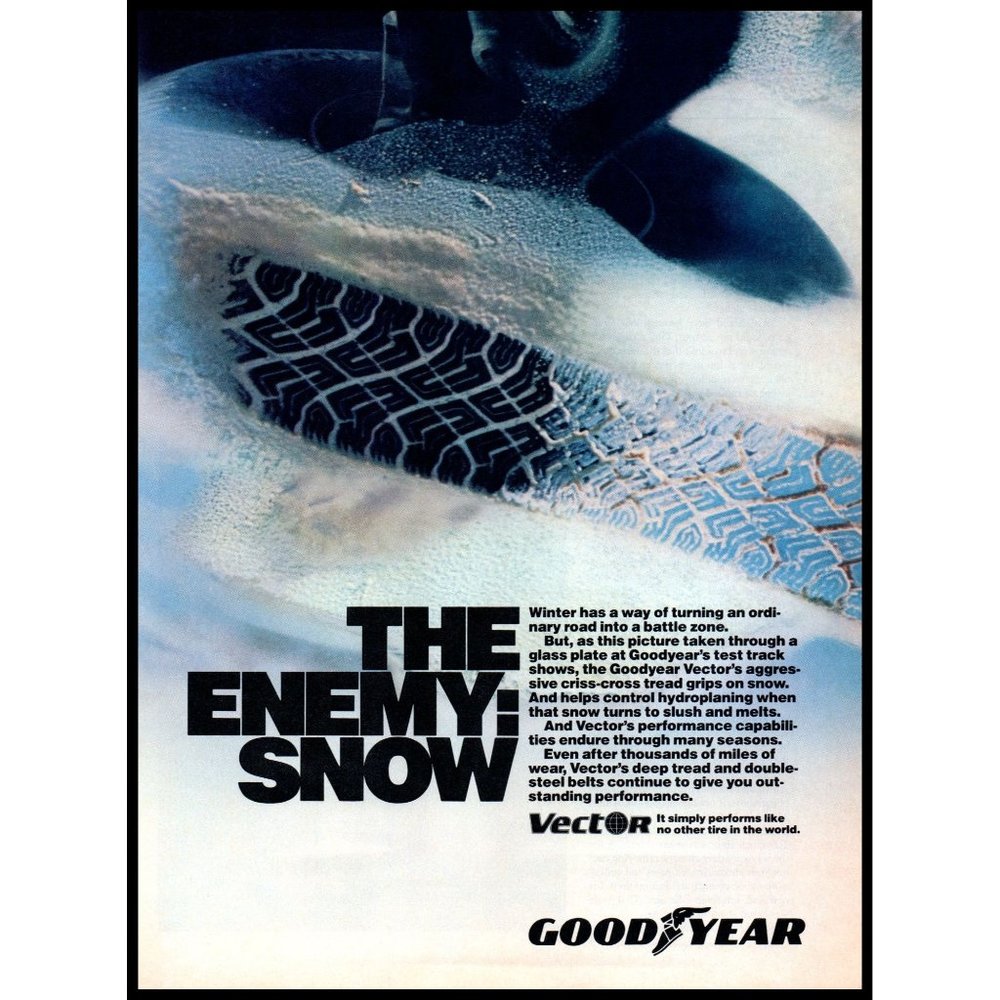1985 Goodyear Vector Snow Tire Vintage Print Ad Fresh Treads Winter Wall Art